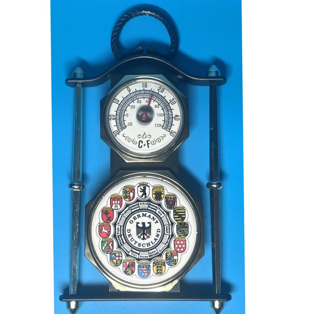 Rare Vintage German Deutschland Brass Porcelain Wall Hanging Thermometer 7"